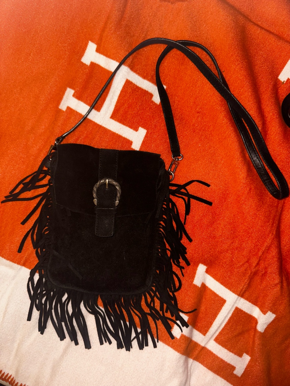 Maje Black Suede Fringe Crossbody Bag with Buckle Accent